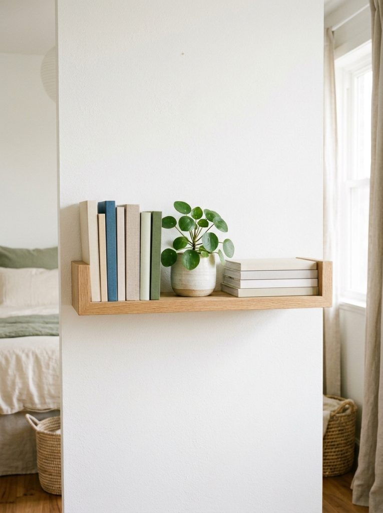 Single wall shelf with carefully curated small book collection arranged with horizontal stacks and small plant on bright white wall
