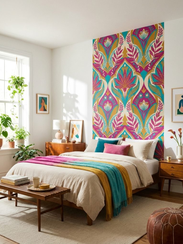 Bold patterned wallpaper panel on wall behind bed creating striking headboard effect in bright stylish bedroom