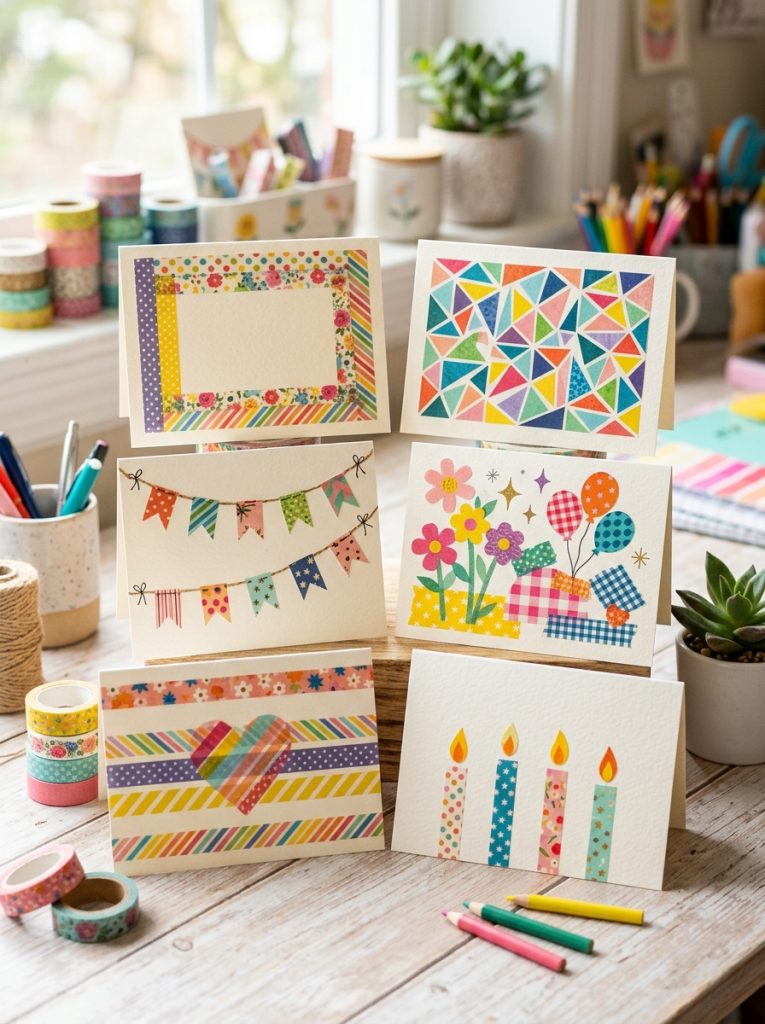 Adorable washi tape birthday cards with colorful tape frame borders geometric patterns bunting and collage designs