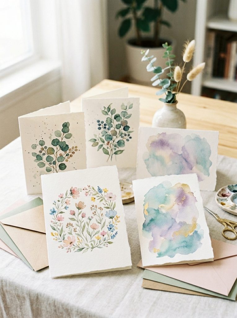Stunning watercolor birthday cards with soft floral abstract washes botanical illustrations and elegant lettering in beautiful handmade designs