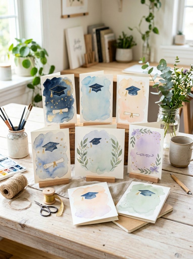 Beautiful watercolor graduation cards with soft color washes blue gold and pastel backgrounds elegant lettering displayed on styled surface