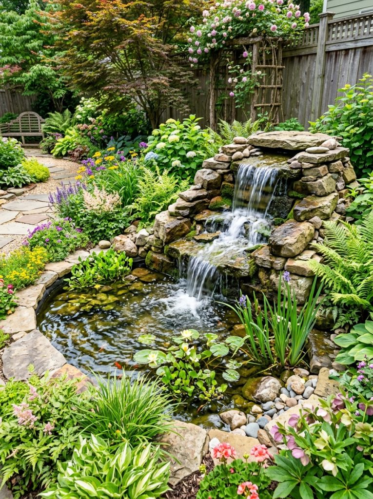 Beautiful waterfall DIY mini pond with natural stone waterfall feeding into small garden pond with lush garden planting surrounding