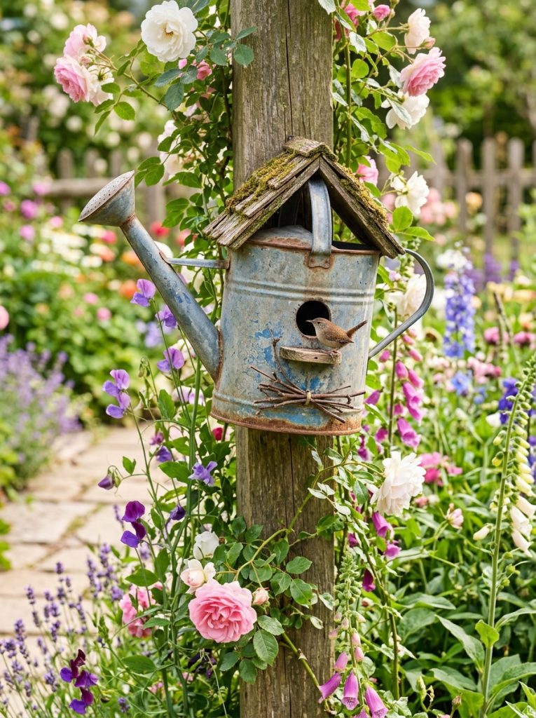 Whimsical watering can recycled DIY birdhouse with vintage watering can mounted at angle on garden post surrounded by climbing flowers.