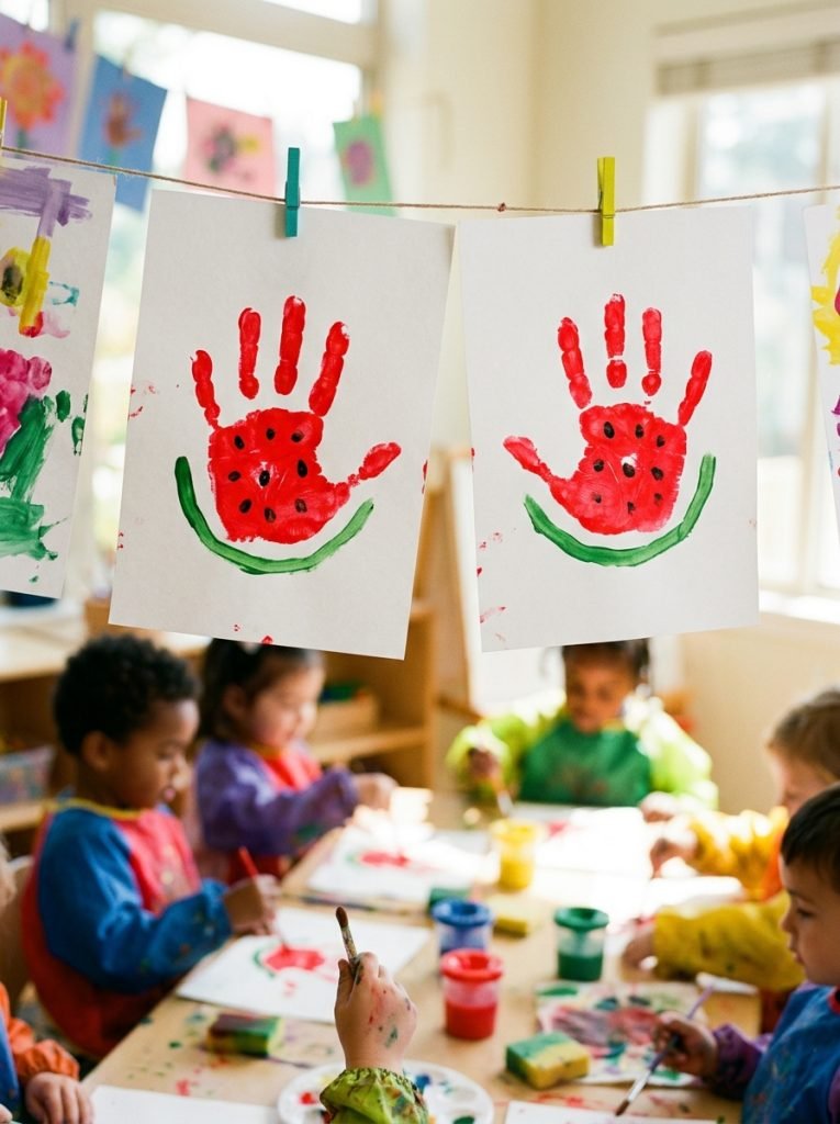 Fun watermelon handprint summer crafts with red handprints and black fingerprint seeds creating adorable watermelon art by preschoolers