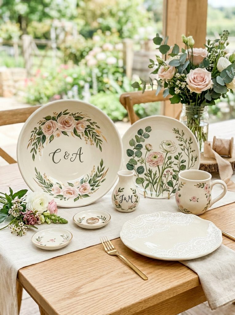 Beautiful wedding pottery painting with elegant florals monogram romantic botanicals and delicate lace patterns as meaningful wedding ceramics