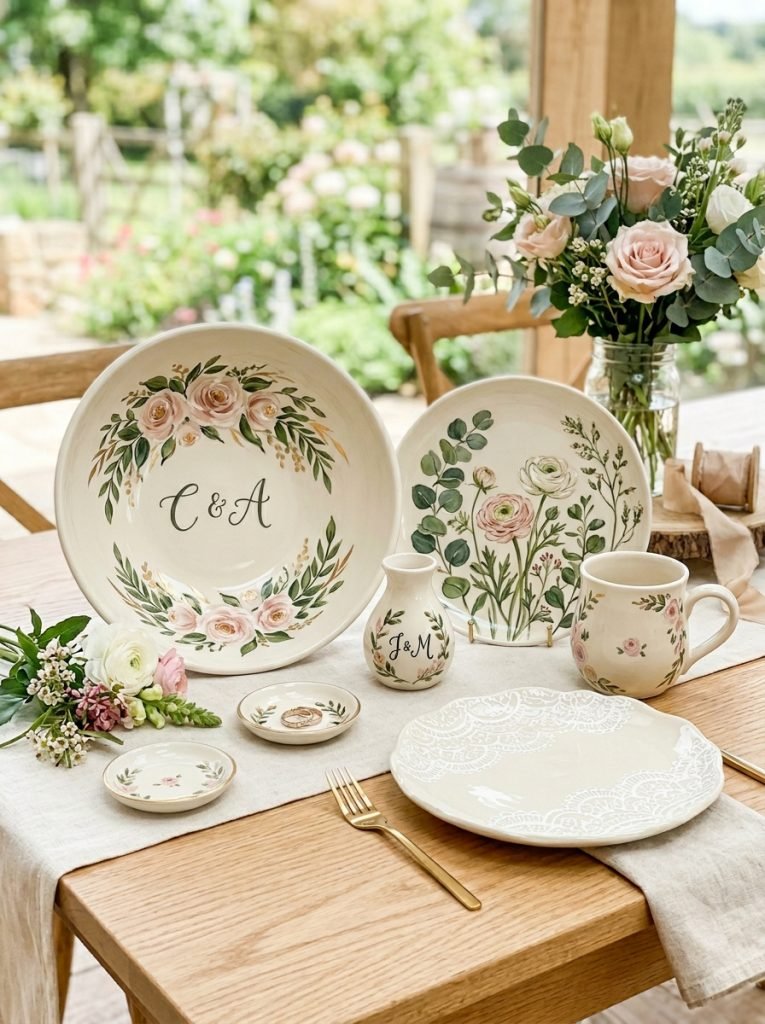 Beautiful wedding pottery painting with elegant florals monogram romantic botanicals and delicate lace patterns as meaningful wedding ceramics