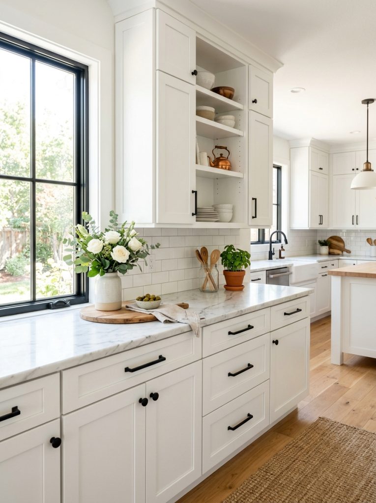Beautiful white DIY kitchen cabinets with freshly painted crisp white finish and black hardware in bright sunny transformed kitchen
