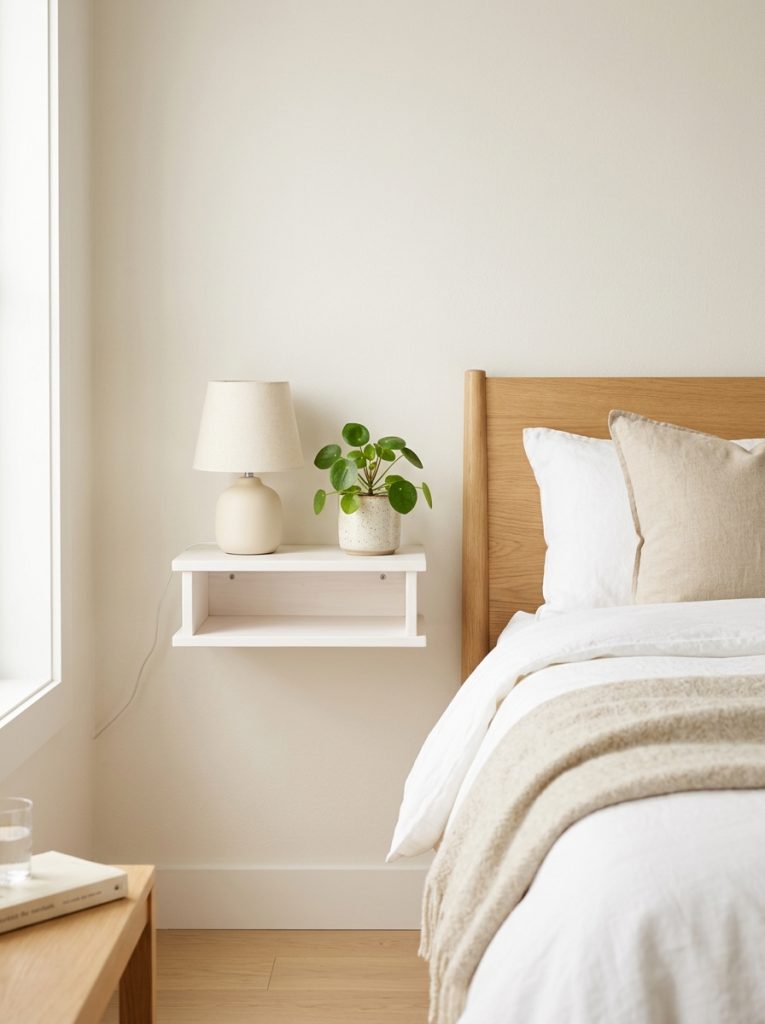 Small white floating shelf beside bed holding lamp and small plant on bedroom wall