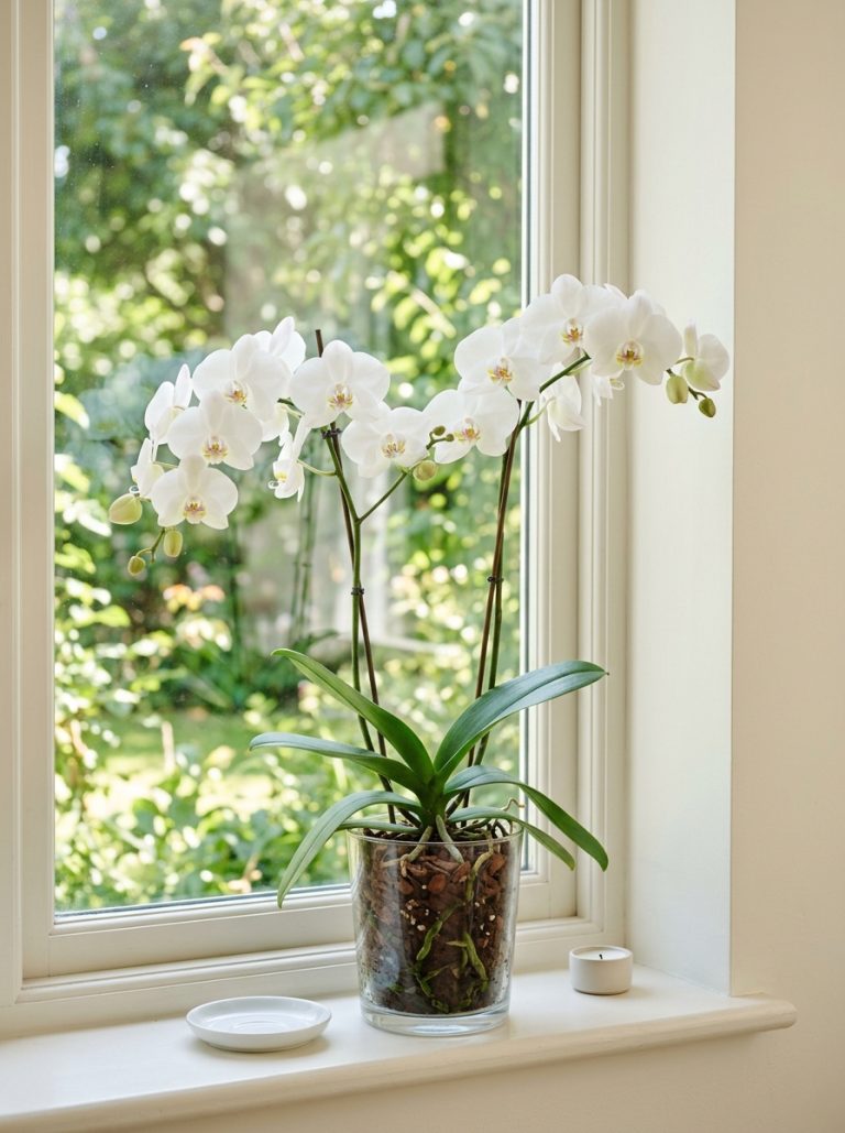 Beautiful white moth orchid plant in clear glass pot on bright windowsill with soft natural light