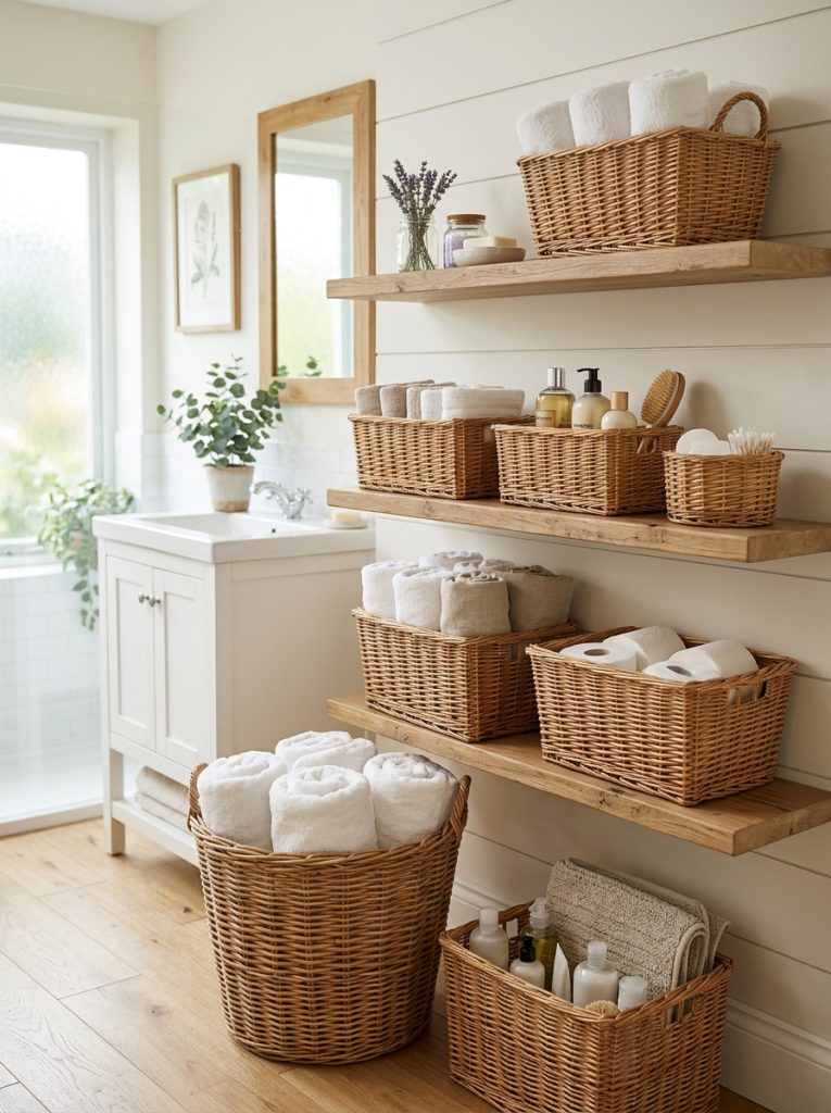  Beautiful wicker basket bathroom storage with natural baskets in sizes on shelves and floors storing towels toiletries creating warm rustic display