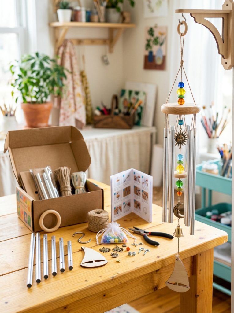 Complete wind chime making kit with pre-cut materials string hanging hardware and decorative elements alongside completed sample chime 