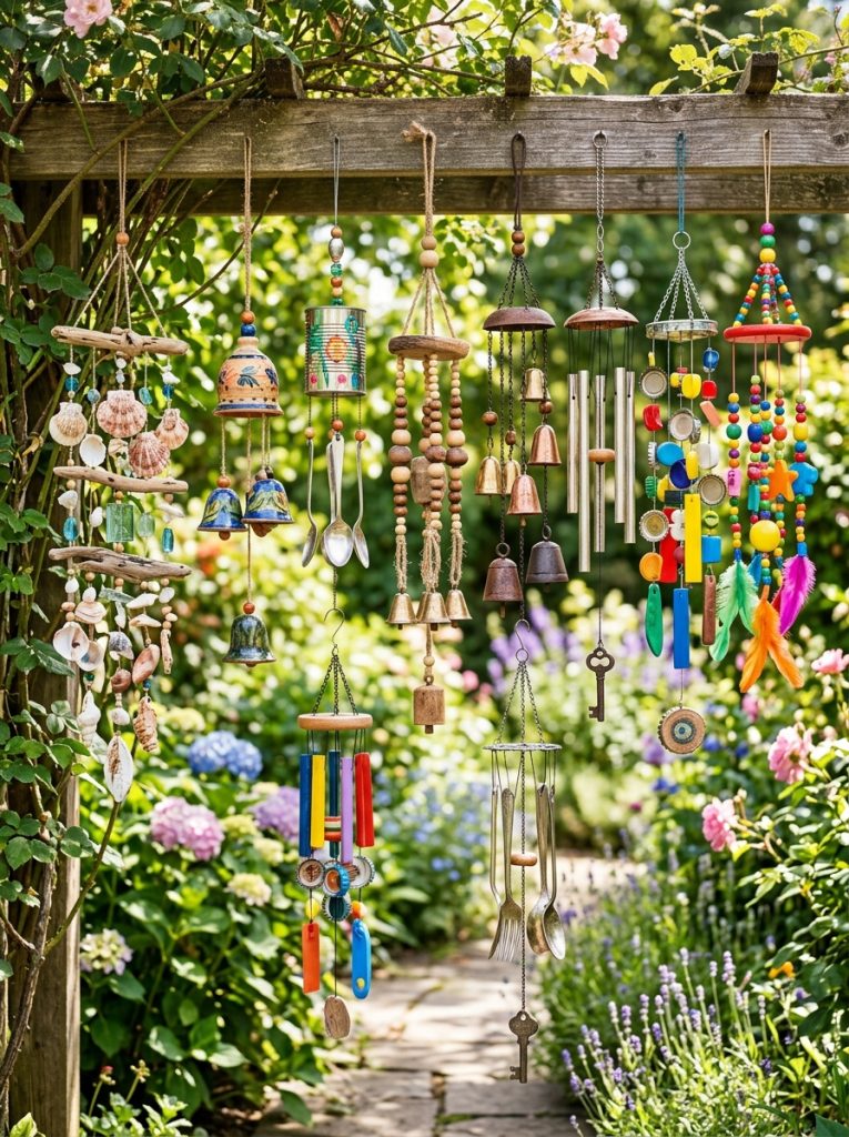 Complete DIY wind chimes collection with seashell clay pottery tin can wooden bead metal bells silverware recycled and kids designs hanging 