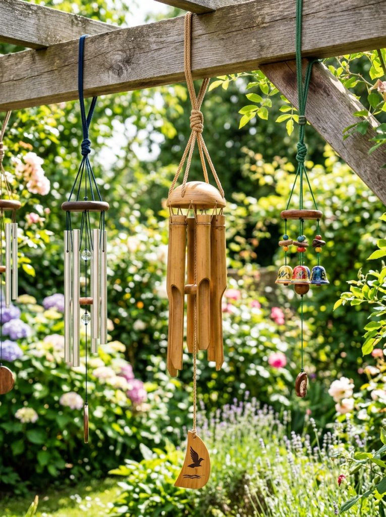 Beautiful wind chimes on quality nylon string cord hanging outdoors showing how right string creates perfect sound and visual display 