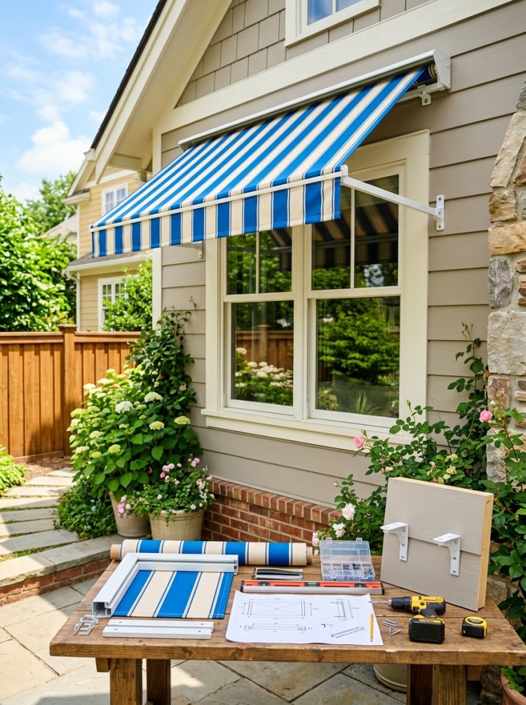 Window awning exterior DIY planning and installation with clear construction details professional installation quality on bright home exteriors
