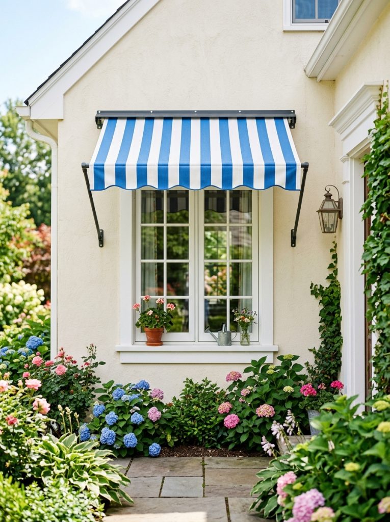 Complete window awning kit installed on bright home exterior with brackets hardware and awning panel creating professionally finished DIY awning