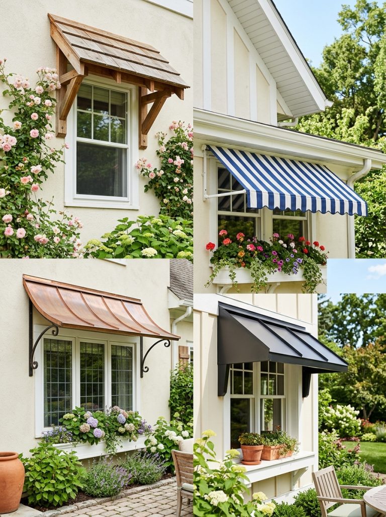 Beautiful window awnings exterior DIY display with cedar wood black metal striped fabric and copper awnings on beautifully styled home exteriors