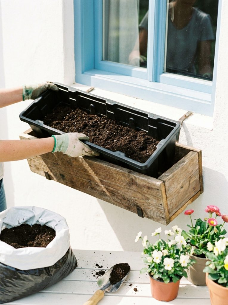 Window box liner insert being placed inside wooden window box on bright exterior wall ready for planting