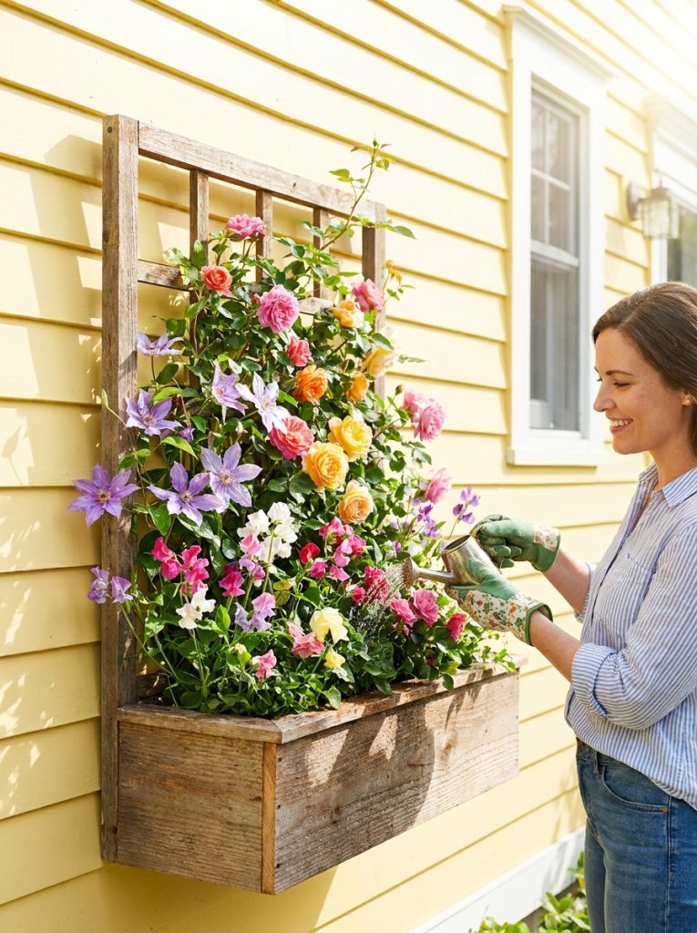 DIY window box with small trellis attached to back with climbing flowers growing up against house wall