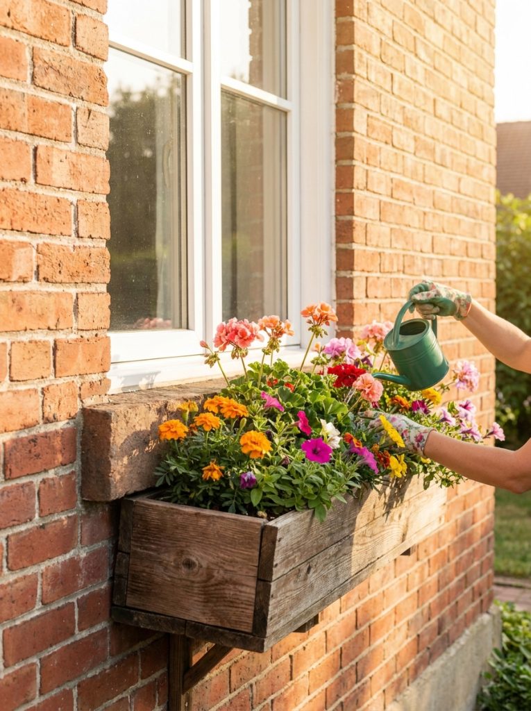 DIY window box mounted on red brick house exterior below window with colorful seasonal flowers