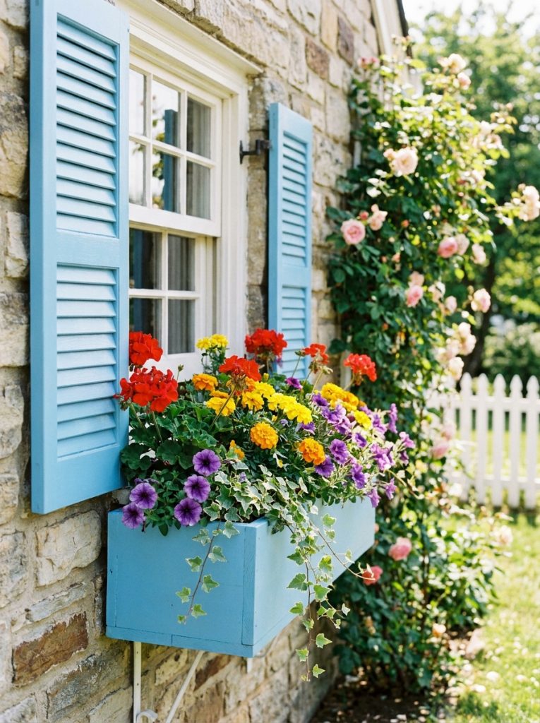 DIY window box with decorative mini shutters on each side below cottage window with colorful flowers