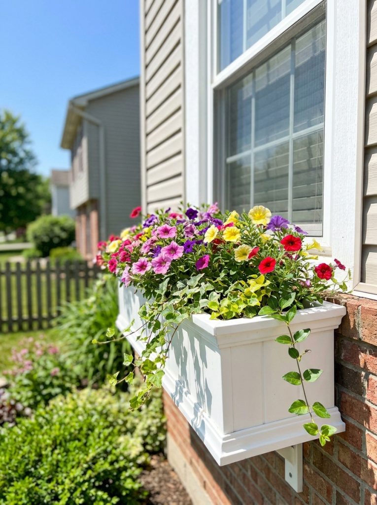  Clean white vinyl window box mounted below house window filled with colorful petunias and trailing plants