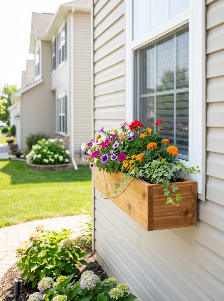  DIY window box installed on vinyl siding house exterior below window with bright summer flowers