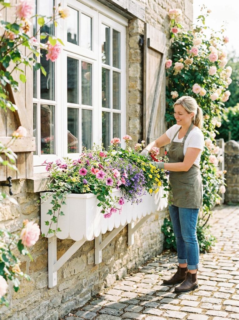 DIY window box with scalloped valance style front panel painted white with trailing flowers below window