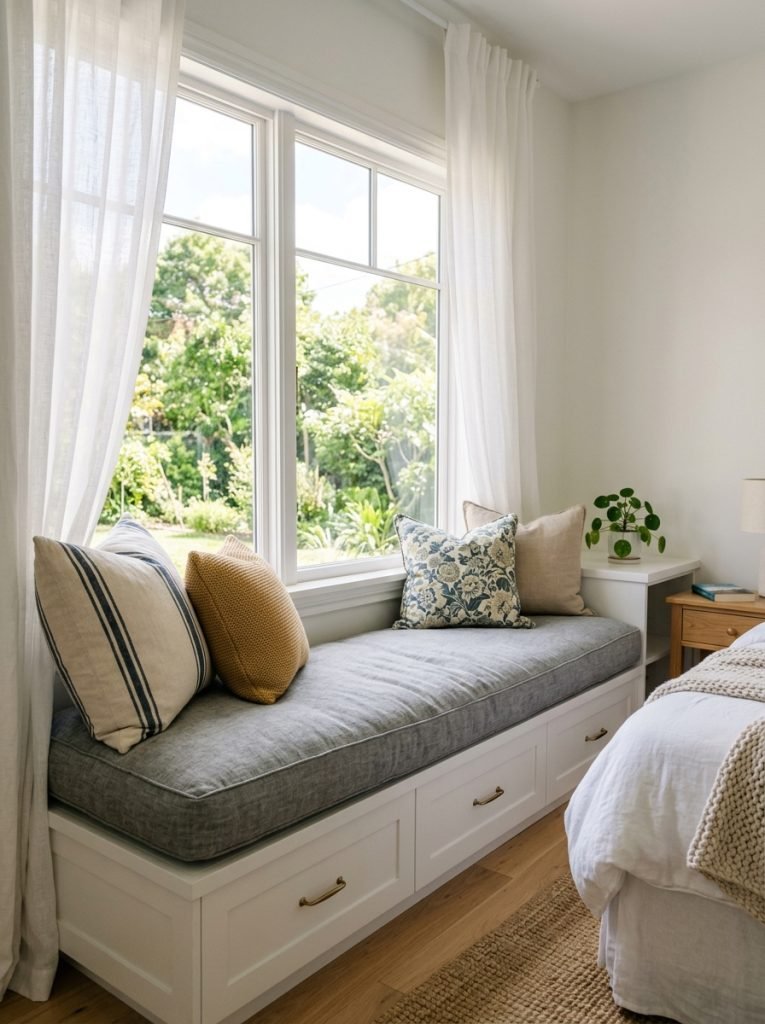 Thick comfortable indoor window seat cushion in soft grey linen on built in window seat below bright window