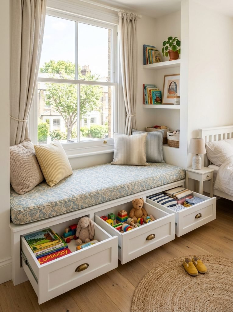 DIY window seat with three pull out drawers below cushion holding toys books and folded items in bright bedroom