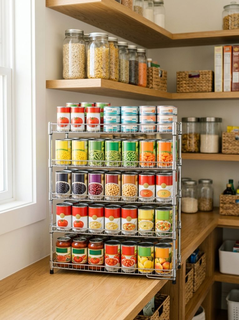  Multi tier wire canned food rack on pantry shelf holding rows of cans organized by type
