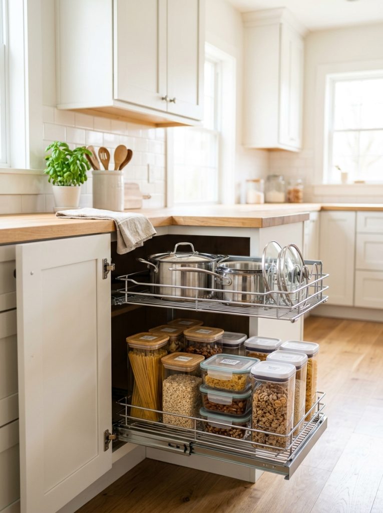  Pull out wire shelves extended from lower kitchen corner cabinet with pots and containers