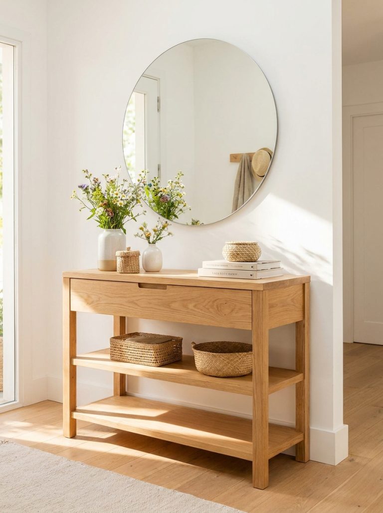 DIY wood console table with open shelves and drawer in bright entryway with mirror and styled decor