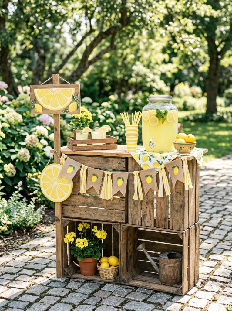 Beautiful wood crate lemonade stand DIY with wooden crates assembled as rustic stand with handmade sign lemon decorations and summer styling