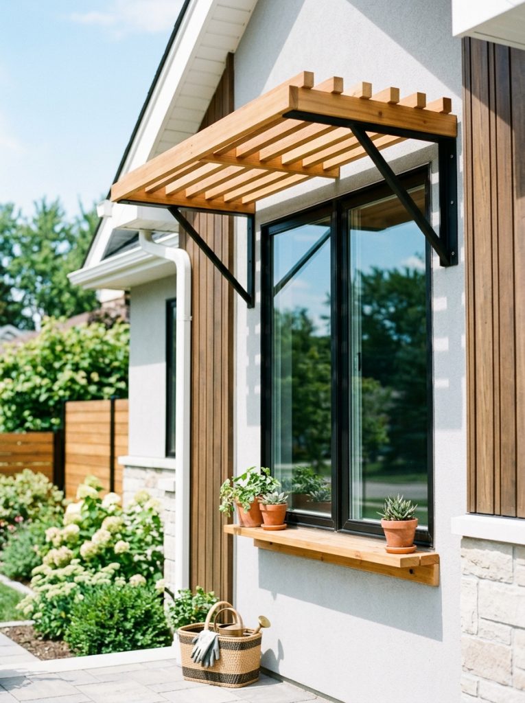  Beautiful modern wood exterior window awning DIY with clean geometric design minimal ornamentation dark stained or natural finish on modern home