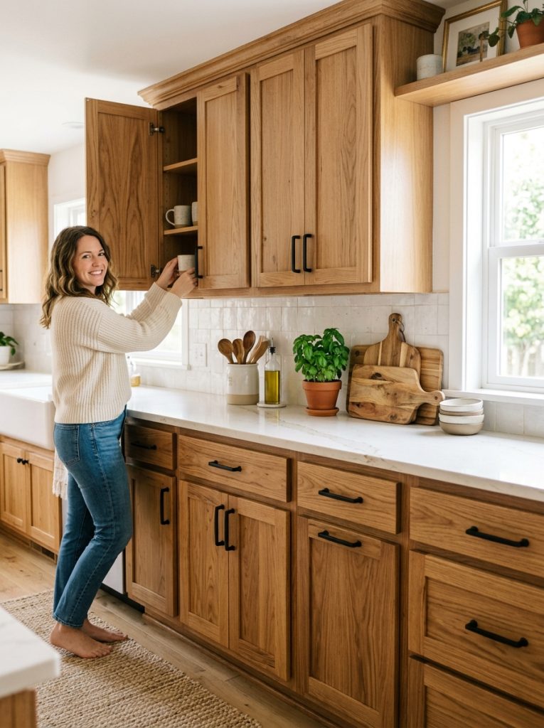 Beautiful natural wood DIY kitchen cabinets with warm refinished wood grain doors black matte hardware in warm bright kitchen transformation 
