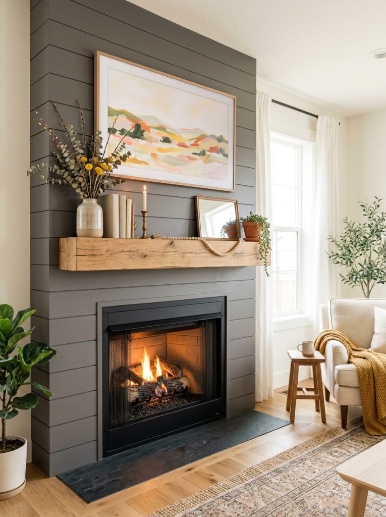 Thick floating wood mantel shelf above fireplace insert with TV mounted above and styled decor in bright living room