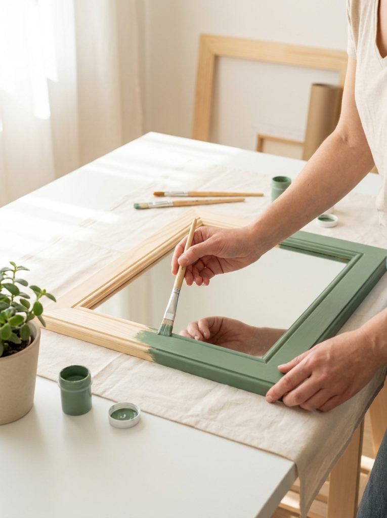 Plain wood mirror frame being painted in bold sage green with small brush on bright clean work surface