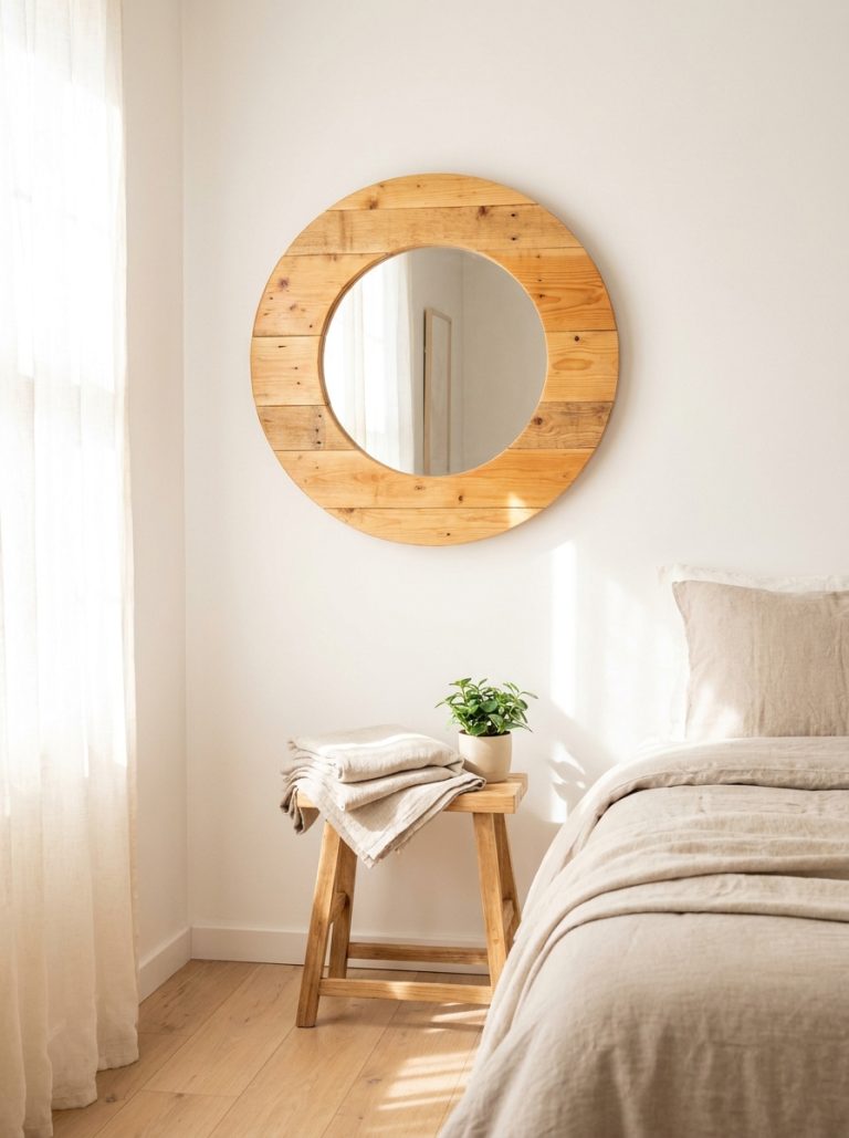 DIY wood plank mirror frame with warm natural finish hanging on bright white wall in minimal bedroom