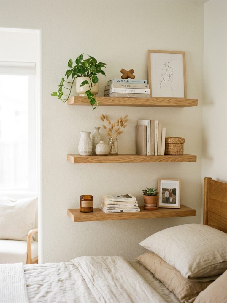 Beautiful floating wood shelves in modern neutral bedroom with plants books and decorative objects creating warm natural display 