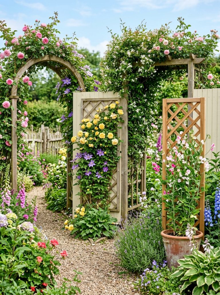 Beautiful DIY wood trellis display with garden arch lattice wall wooden arbor and potted plant trellis with climbing plants and flowers