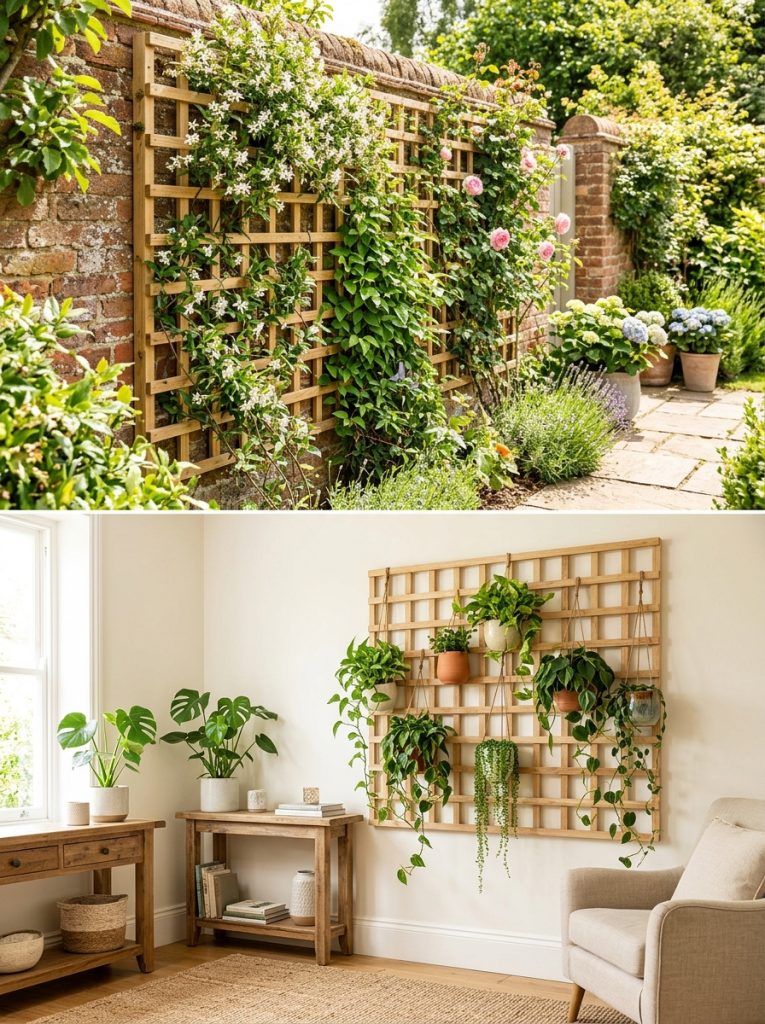 Beautiful wall-mounted wood trellis DIY in indoor and outdoor settings with climbing and trailing plants creating living wall displays