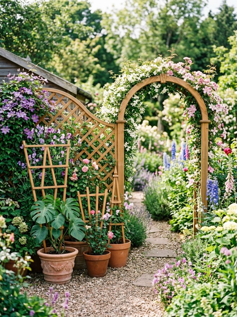  Complete DIY wood trellis collection with lattice panels cedar arch arbor archway wall trellis potted supports and monstera in garden 