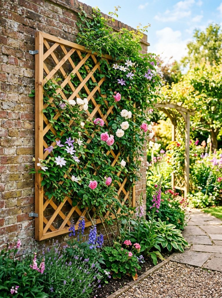 Beautiful wood trellis garden panel with classic lattice mounted on fence with climbing plants growing through lattice in bright garden 