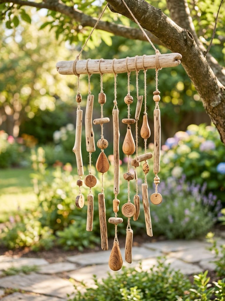 Beautiful natural wood DIY wind chime with carved wood pieces in different shapes on natural cord from driftwood in garden setting 
