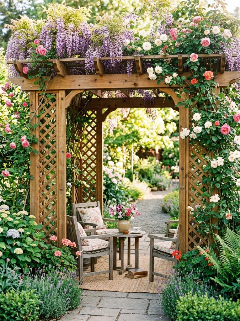 Beautiful wooden arbor trellis DIY with trellis side panels and overhead beams supporting climbing plants as shaded garden seating area