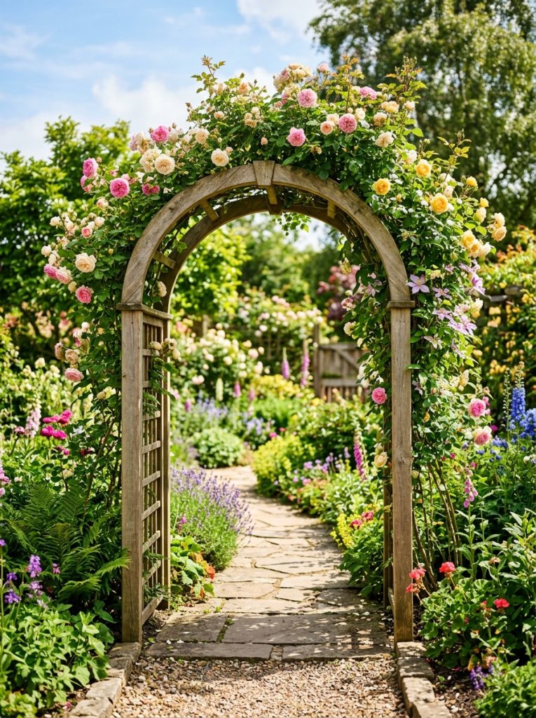 Beautiful wooden archway trellis DIY framing garden path with climbing plants growing over arch creating living archway garden entrance 