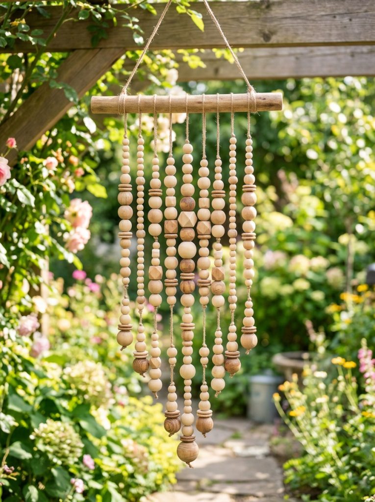 Beautiful wooden bead DIY wind chime with natural beads in different sizes on nylon cord varying lengths hung from wooden dowel