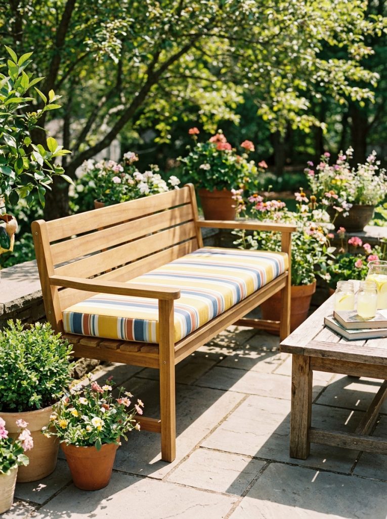 DIY wooden outdoor bench with thick striped outdoor cushion on seat on bright garden patio