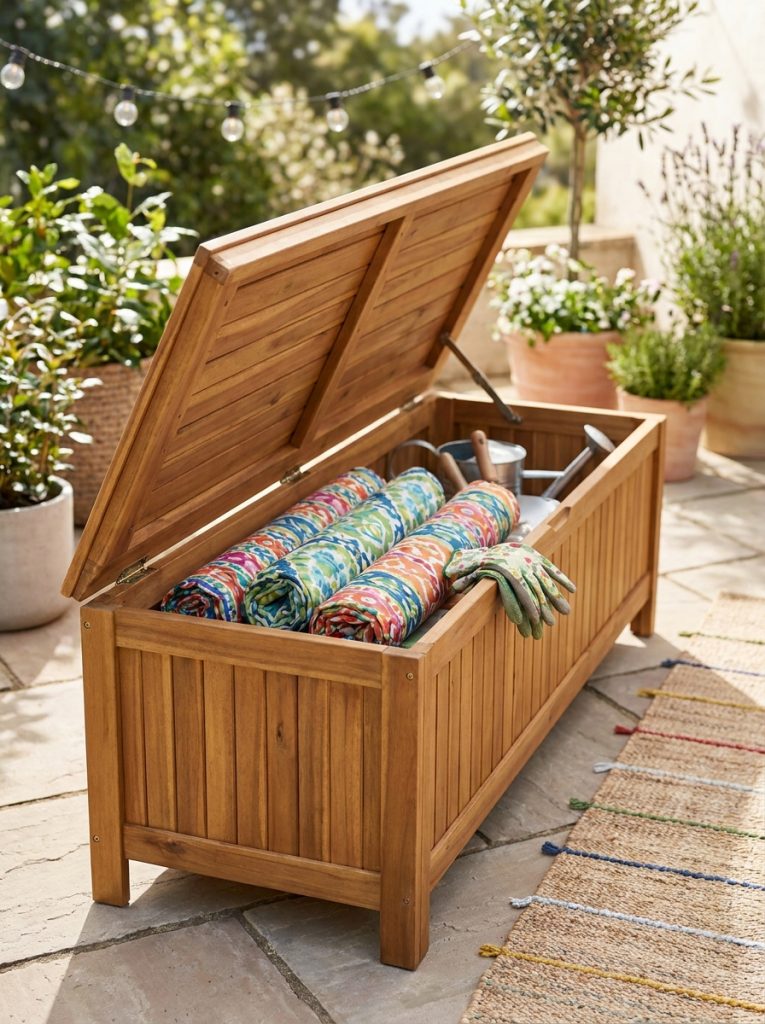 DIY wooden outdoor bench with hinged lid open showing storage space inside for garden tools