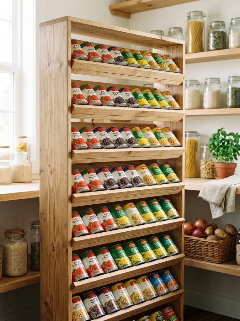 DIY wooden canned food rack with angled shelves holding rows of cans that roll forward